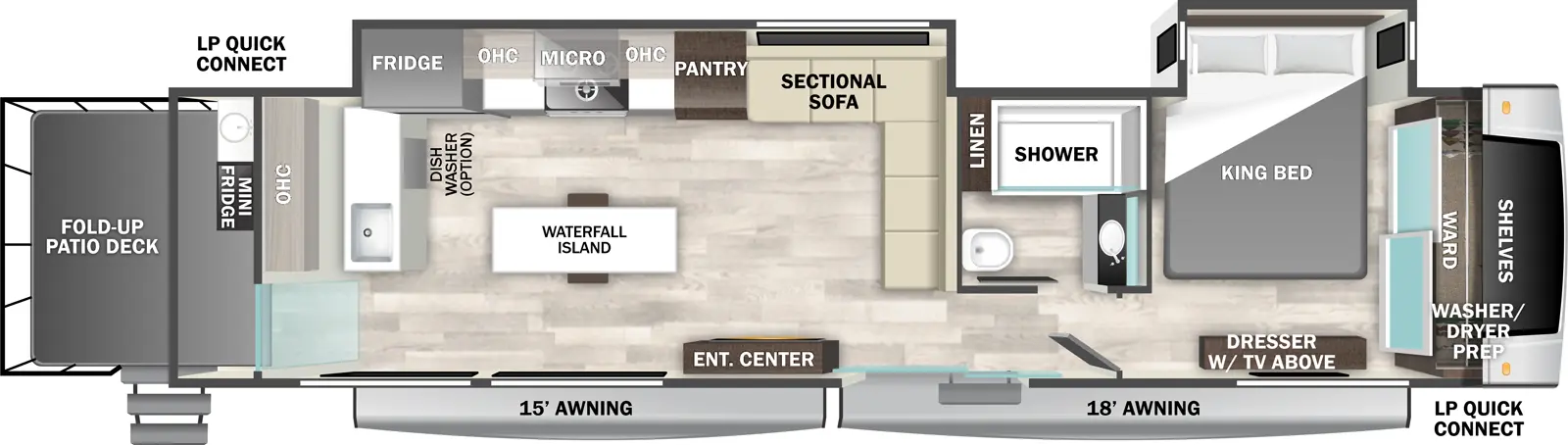 The Cedar Creek Cottage 40RDE floorplan has two entries and two slide outs. Exterior features include: fiberglass exterior, 15' & 18' awning and outside kitchen. Interiors features include: rear kitchen, kitchen island and front bedroom.